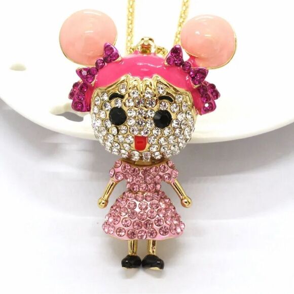 Adorable Pink Bling Cartoon Girl Crystal Pendant Necklace NWOT - Picture 4 of 4